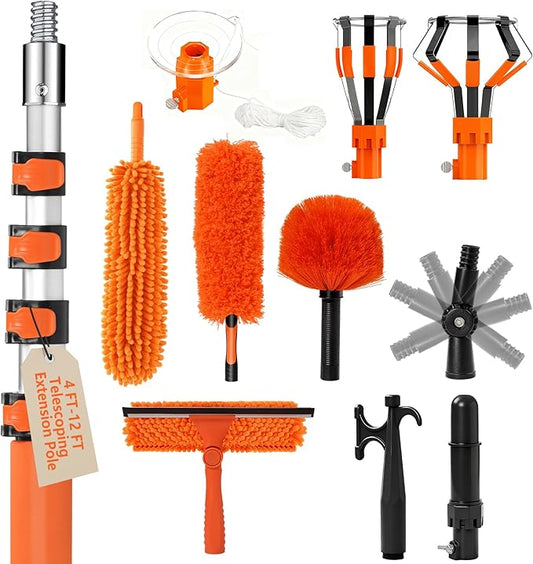 20FT Light Bulb Changer for High Ceilings with 5-12FT Heavy Duty Extension Pole,High Ceiling Fan Duster Extendable Reusable Cobweb,Feather,Window Cleaning Squeegee Kit for Home & House,Interior Roof