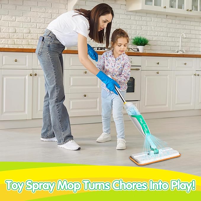 Kids Spray Mop with Refillable Microfiber Pads, and Cleaning Brush, Kids Cleaning Set for Ages 3+, Designed with Smaller Hands in Mind