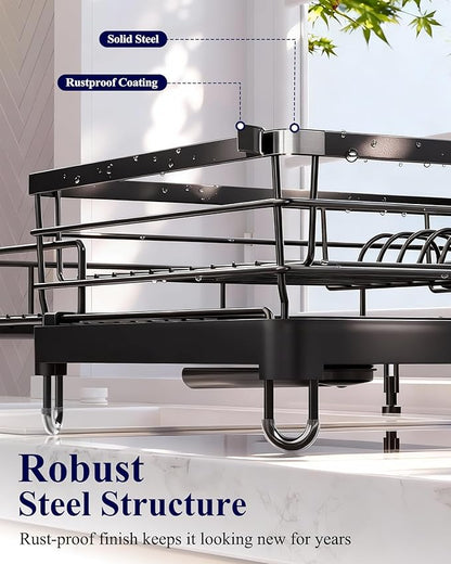 Kitsure Extendable Dish Drying Rack - Rust-Resistant Dish Racks for Kitchen Counter with Adjustable Support Legs, Cutlery Holder & Removable Draining Tray (Black, 15.6''-25.2''L × 16.9''W × 8.1''H)