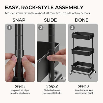 3 Tier Utility Rolling Cart, Heavy Duty Metal Rolling Cart with Wheels, Storage Organizer, Portable Mobile Shelving Unit for Office, Bathroom, Kitchen (Black)