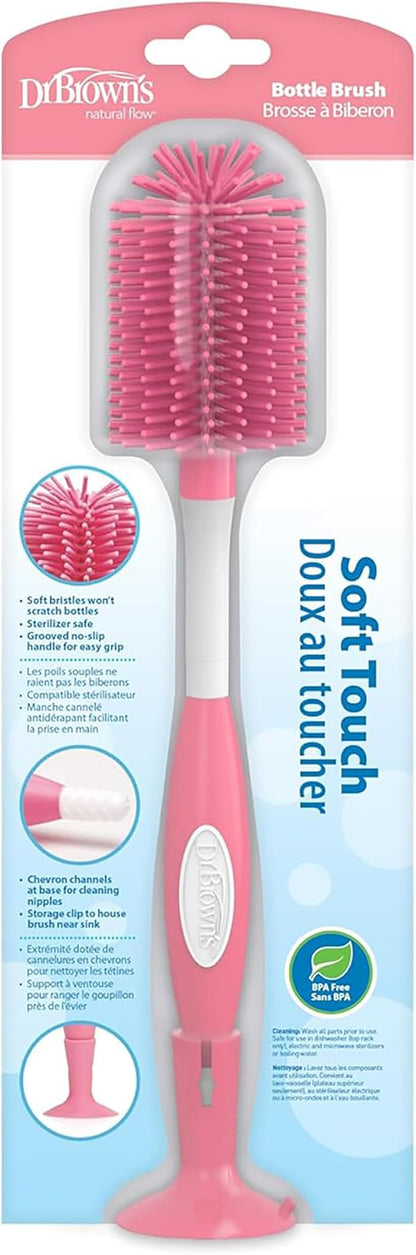 Dr. Brown's Soft Touch No Scratch Baby Bottle Cleaning Brush, Nipple Cleaner & Suction Cup Base for Easy Storage, BPA Free, Pink, 4 Pack
