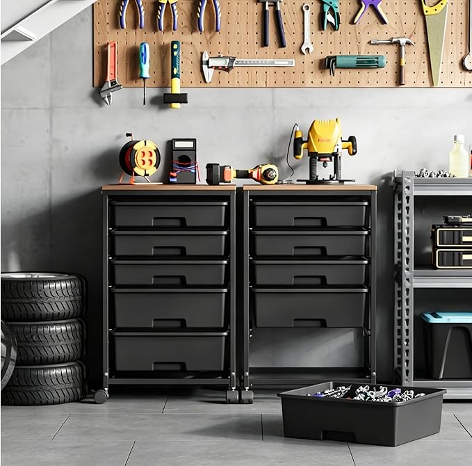SYKIARIOL 5-Tier Rolling Utility Storage Drawer Craft Cart on Wheels with Wooden Tabletop, Mobile Craft Storage Drawer Cart Trolley for Home Office, Classroom, Craft Room & Kid Room, Black