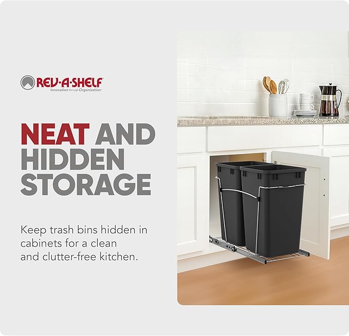 Rev-A-Shelf Double 27 Qt Pullout Trash Can for Base Kitchen Cabinets, Garbage Waste Bin System with Full Extension Slides, Min Opening Width of 11.5", Black, RV-15KD-18C S