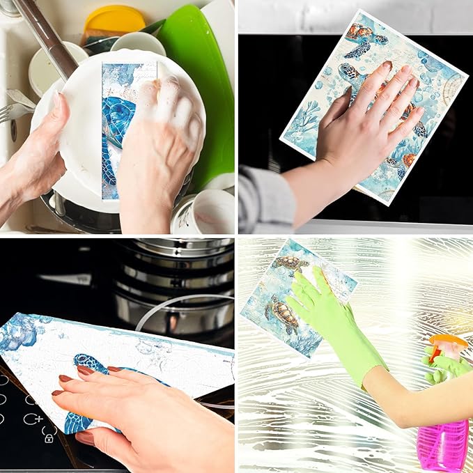 Swedish Dishcloths for Kitchen, 6PCS Sea Turtle Swedish Dish Cloths Gift Set, Starfish Reusable Washable Absorbent Dish Towel for Home Cleaning(7.8 X 7 Inches)