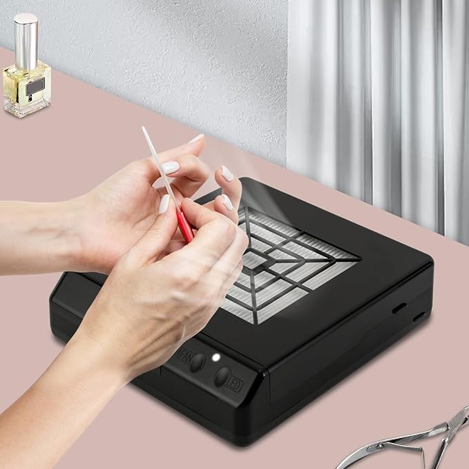 Nail Dust Collector, 2 in 1 Powerful Mini Desktop Vacuum Cleaner with Fan & LED Light, 60W Manicure Dentist Polishing Dust Suction Machine with Large Caliber Hose for Dental Lab Nail Salon (Black)
