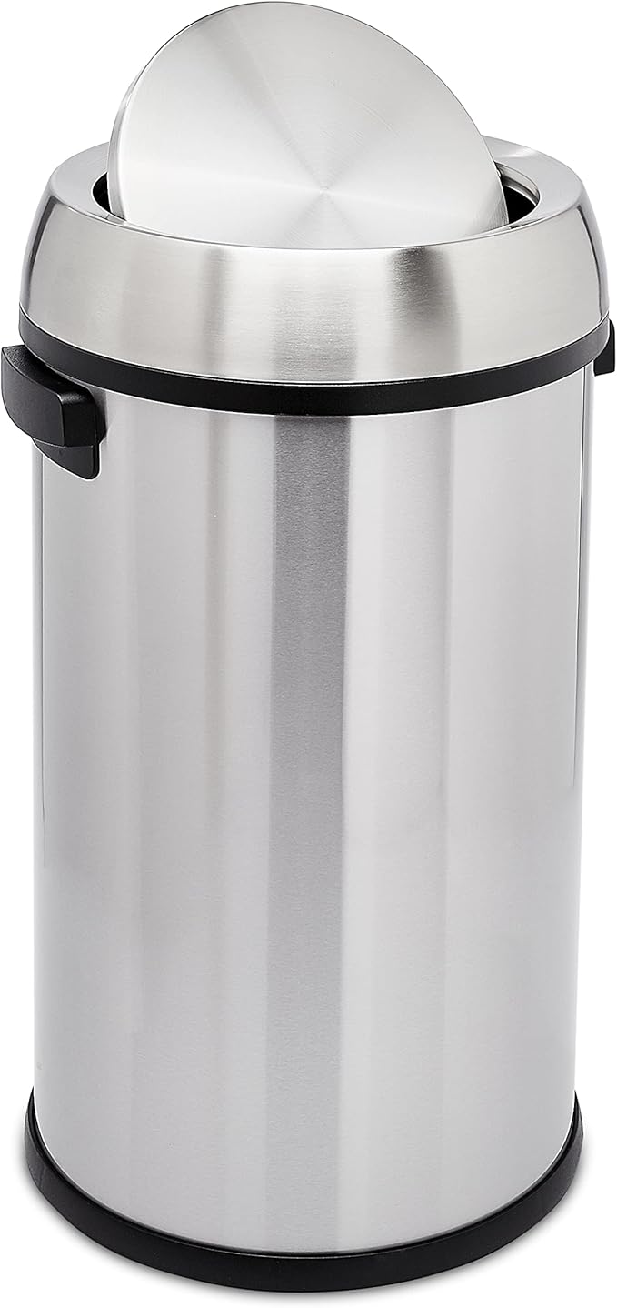 Amazon Basics Round Stainless Steel Trash Can with Swing Lid, Fingerprint and Smudge Resistant, 65 Litre/17.2 Gallon, Silver, Black