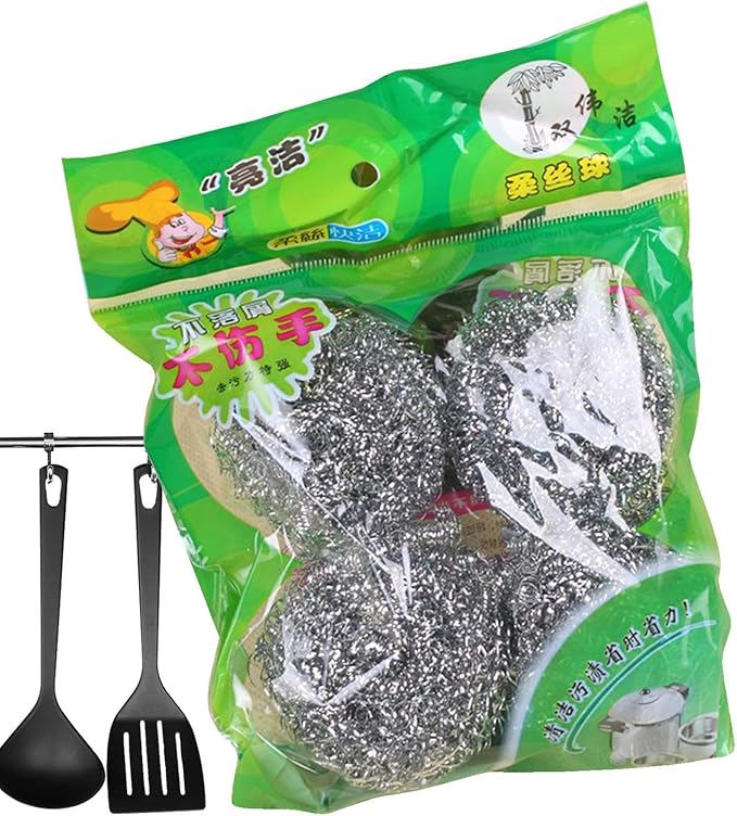 Generic Steel Wire Cleaning Ball - 4PCS Stainless Steel Sponges Scrubbers | Metal Scrubber Scouring Pads Ball | Dishes Washing Scrubber | Steel Scrubber Ball Steel Wire Ball Brush for Kitchen Sink