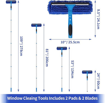 109" Window Cleaning Squeegee Kit, Professional 2 in 1 Squeegee Window Cleaner with Extension Pole, Window Washing Kit with 2 Blade 2 Pads for Indoor & Outdoor High Windows Car Glass