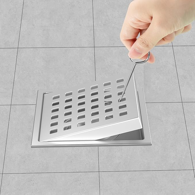 EXF Square Shower Drain 4-3/8 Inch Chrome, Stainless Steel Shower Floor Drain Kit with ABS Flange, Removable Cover Grid Grate, Hair Strainer
