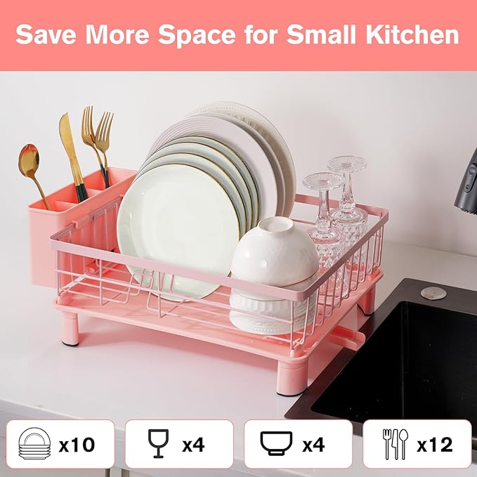 Cute Pink Dish Drying Rack with Drainboard,Dish Racks for Kitchen Counter Organization (with 4 Hooks)