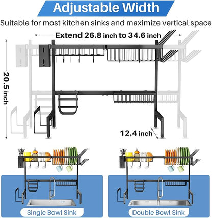 SNTD Over The Sink Dish Drying Rack - Adjustable Dish Rack for Kitchen Counter, Metal (Black)