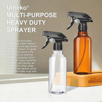 Spray Bottles 2-Pack, 10 Oz, Mist & Stream, Heavy Duty Spraying Empty Water Sprayer Bottle, BPA Free Plastic Refillable Containers for Cleaning Solutions, Plants, Hair, Essential Oils (Clear & Amber)