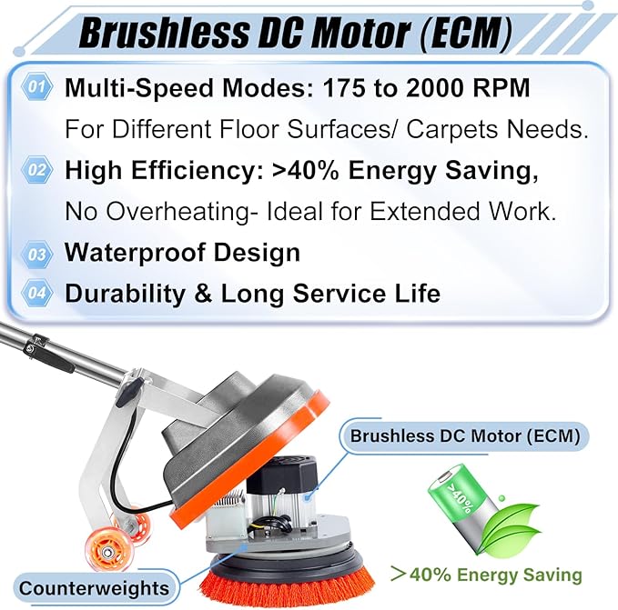 HHQ Commercial Floor Scrubber Machine with Brushes and Pads, Heavy Duty Floor Cleaner Polisher and Buffer- Deep Cleaning Tile and Grout, Hardwood Floors and Carpets without Getting on Hands and Knees