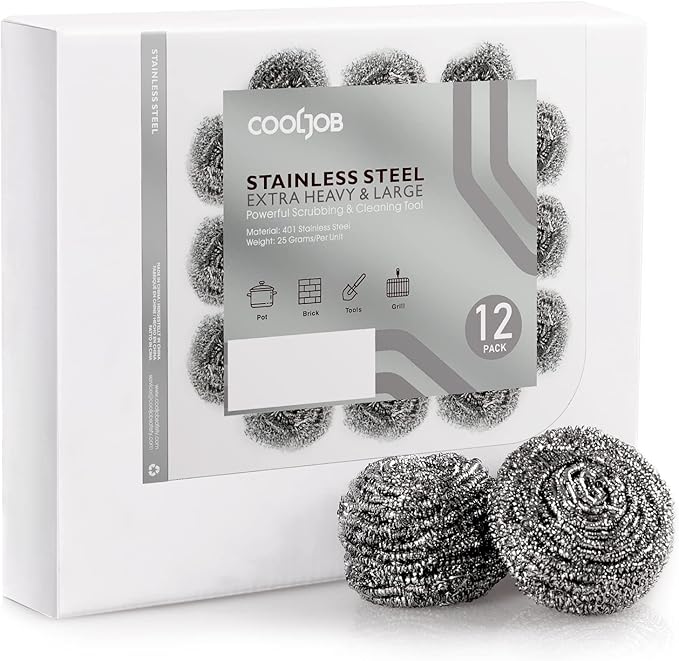 COOLJOB 12 Pack Stainless Steel Scrubber Sponges, Heavy Duty Tough Metal Scouring Pads for Dishes, Pans, Pots, Ovens, Uncoated Cookware, Powerful to Clean Grease Dirt Oil or Rust (Sliver, 25 Grams)