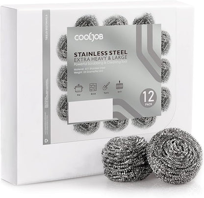 COOLJOB 12 Pack Stainless Steel Scrubber Sponges, Heavy Duty Tough Metal Scouring Pads for Dishes, Pans, Pots, Ovens, Uncoated Cookware, Powerful to Clean Grease Dirt Oil or Rust (Sliver, 25 Grams)