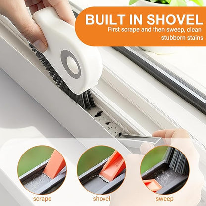 2 in 1 Window Track Cleaning Brush, 2026 New Groove Crevice Cleaning Tool, Multifunctional Hard Bristle Grip Brush with Hidden Scraper, Gap Scrub Brush for Sliding Door, Window Sill (1Pc-Grey)