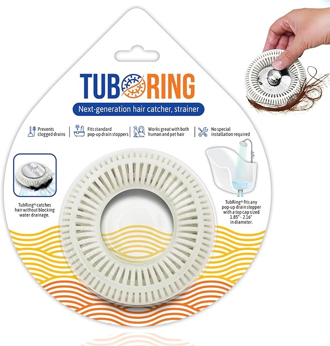 Hair Catcher for Shower Drain & Bathtub – TubRing Pop-Up Drain Protector & Strainer, Reusable Silicone Stopper for Bathroom Clog Prevention, Fits 1.85"–2.16" Drains | White