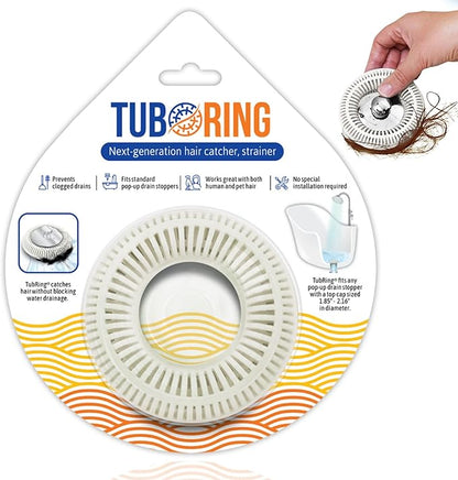 Hair Catcher for Shower Drain & Bathtub – TubRing Pop-Up Drain Protector & Strainer, Reusable Silicone Stopper for Bathroom Clog Prevention, Fits 1.85"–2.16" Drains | White