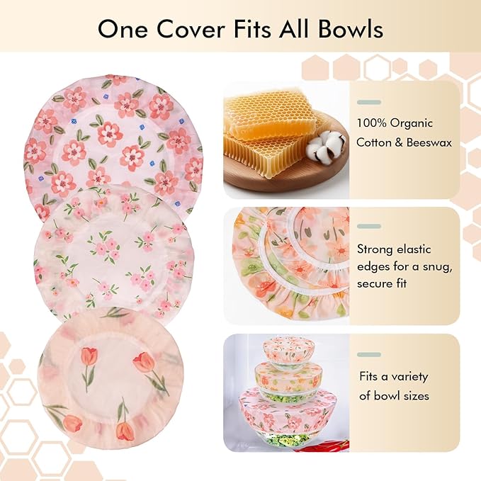 5 PCS Reusable Beeswax Bowl Covers (4"–12"), Breathable Elastic Cotton Bowl Covers for Sourdough Proofing, Dough Rising & Food Storage