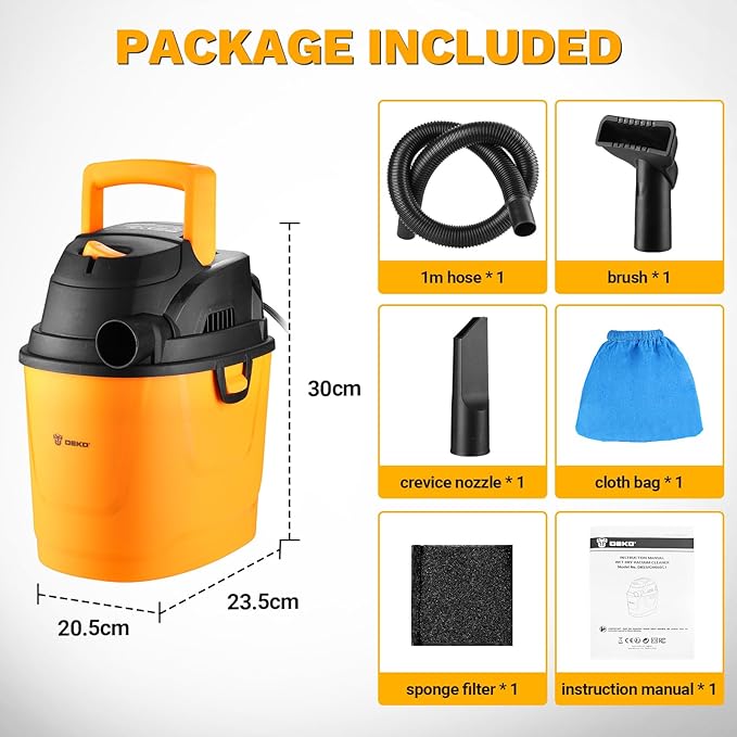 DEKOPRO Shop Vacuum Wet and Dry:1.5-Gallon 2 Peak HP Portable Small Shop Vac, Car Vacuum with 1-1/4 Inch 4Ft Hose, 6 Ft Cord,Mini Shop Vac for Homes, Pets, and Cars