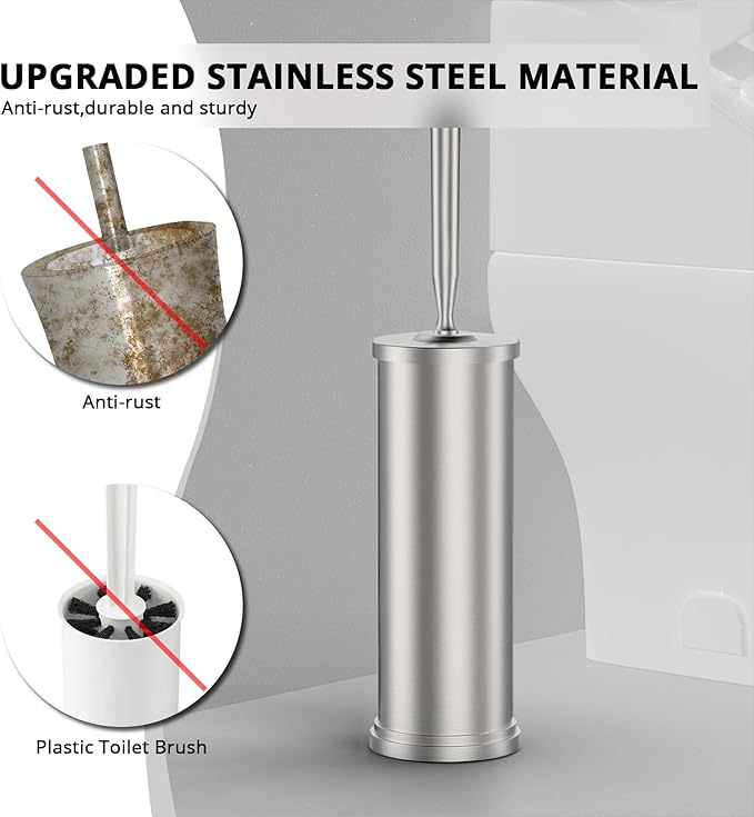 Premium 304 Stainless Steel Toilet Brush and Holder: Weighted Stable Base, Removable Inner Tube, Splash-Proof Design for 360° Thorough Cleaning & Space-Saving Storage,Nickel
