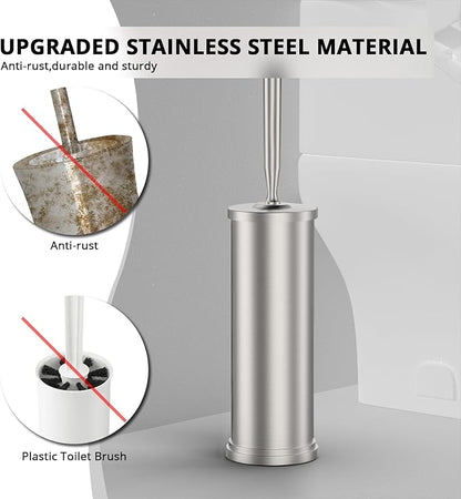 Premium 304 Stainless Steel Toilet Brush and Holder: Weighted Stable Base, Removable Inner Tube, Splash-Proof Design for 360° Thorough Cleaning & Space-Saving Storage,Nickel