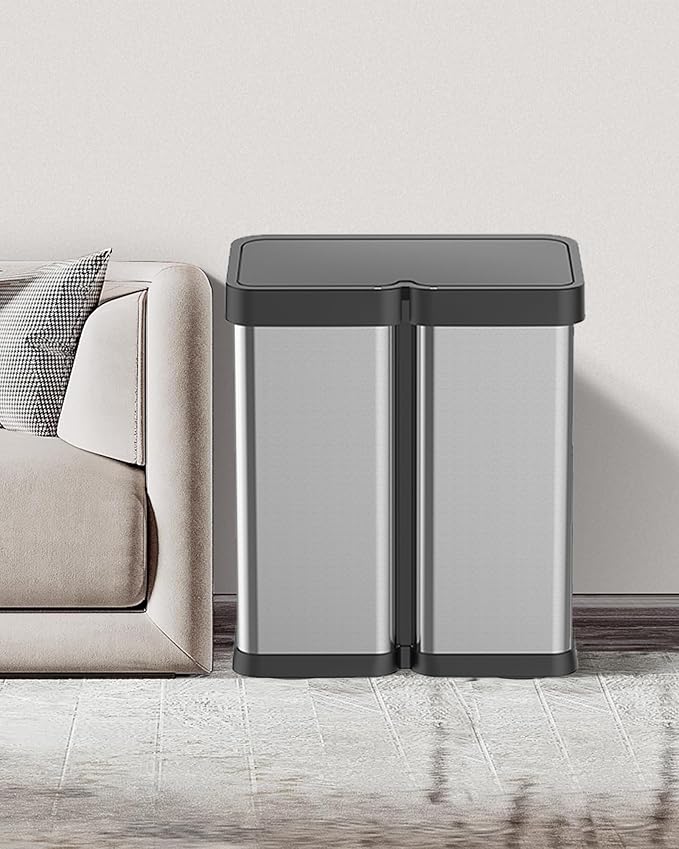 Dual Compartment Motion Sensor Trash Can, 2×8 Gal Garbage Can with Lid, Stainless Steel Trash Bin with 2 Removable Inner Buckets, Soft-Close Foot Pedal, Fingerprint-Resistant for Kitchen Home Office