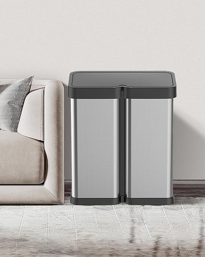 Dual Compartment Motion Sensor Trash Can, 2×8 Gal Garbage Can with Lid, Stainless Steel Trash Bin with 2 Removable Inner Buckets, Soft-Close Foot Pedal, Fingerprint-Resistant for Kitchen Home Office