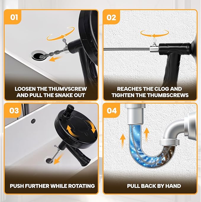 Drain Auger 33 ft, Plumbing Snake Hair Clog Remover Drain Snake Flexible Grabber Heavy Duty Sink Cleaner Tools for Shower Bathtub Bathroom Kitchen Pipe, Black