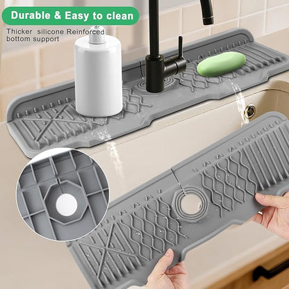 17 Inch Faucet Mat For Kitchen Sink Splash Guard Behind Faucet, ，5°Slope Fast Draining Silicone Mat , Dish Soap Sponge Holder for Bathroom Sink kitchen sink organizer (Grey, 17" x 6")