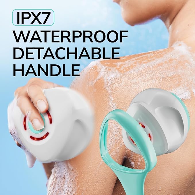 FIRSTHEALTH 6-in-1 Electric Exfoliating Body Scrubber for Women & Men, USB-C Rechargeable IPX7 Waterproof Shower Brush, Detachable Long Handle Back Scrubber & Foot Brush, 3 Modes
