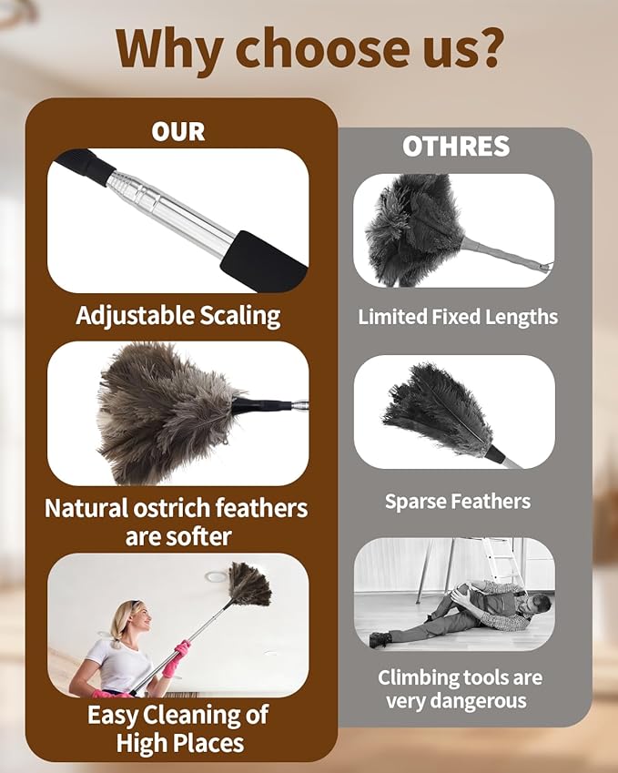 Ostrich Feather Duster, 18-48 Inch Extendable Feather Duster with Natural Fluffy Ostrich Feathers, Dusters for Cleaning Ceiling Fans, Blinds, High Ceilings, Furniture, Cars, Washable & Reusable