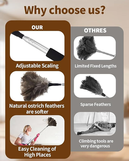 Ostrich Feather Duster, 18-48 Inch Extendable Feather Duster with Natural Fluffy Ostrich Feathers, Dusters for Cleaning Ceiling Fans, Blinds, High Ceilings, Furniture, Cars, Washable & Reusable