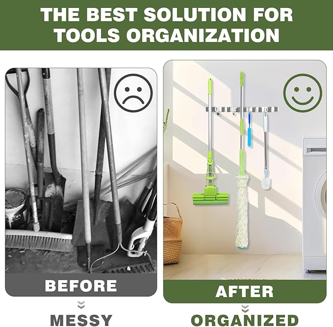 UNIFUN Broom Holder Wall Mount - Heavy Duty Stainless Steel Mop and Broom Organizer with 5 Racks 4 Hooks - Space Saving Storage for Kitchen Garage Garden - Easy Install Tool Hanger