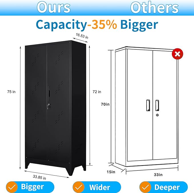 VASAAOSD 75" Metal Storage Cabinet with Lock, Tool Cabinets with Hooks, Heavy-Duty Garage Storage Cabinet for Utility Room, Gym, Basement, Broom Closet, Black