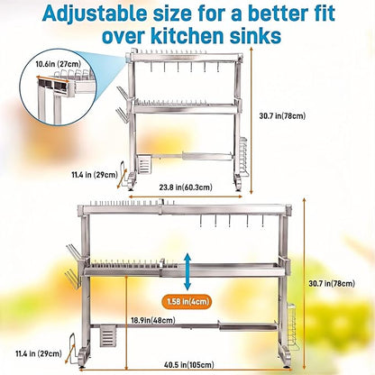 Over The Sink Dish Drying Rack,Large Capacity 23.8"-39.3",Over The Sink Dish Srying Rack Expandable Drainer & Storage Organizer for Kitchen Counter Full Stainless Steel