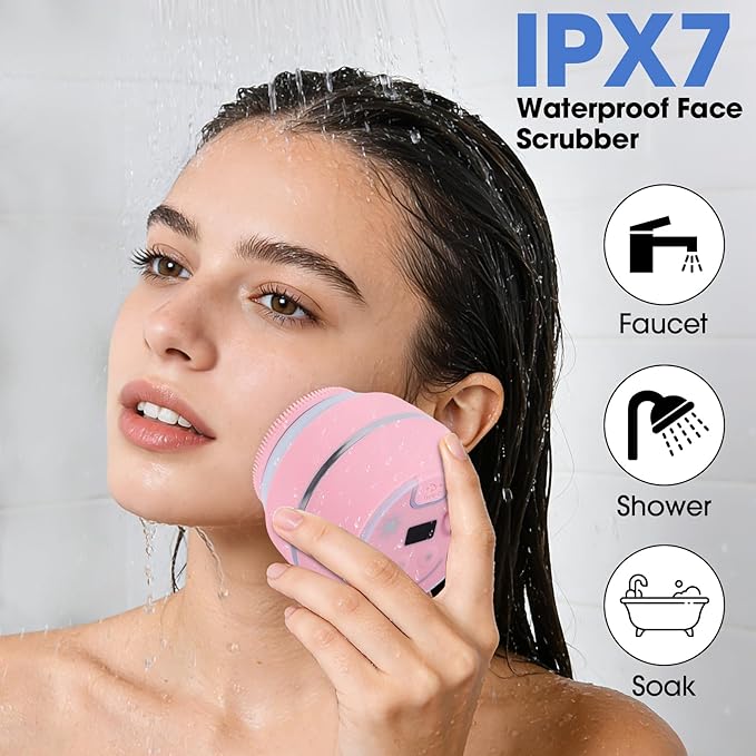 Electric Facial Cleaner with 6 Modes & 3 Light Effects, Rechargeable Waterproof Face Scrubber for Women and Men, Includes Extra Brush Head, Easy-Clean Hanging Design (Pink)