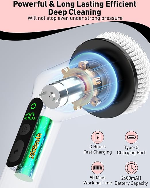 Shower Scrubber with Long Handle, Bathroom Cleaner Brush with 8 Brush Heads, Cordless Electric Spin Scrubber for Cleaning with 2 Speed, Cleaning Supplies for Bathtub Kitchen Floor Tile Toilet