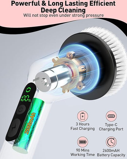 Shower Scrubber with Long Handle, Bathroom Cleaner Brush with 8 Brush Heads, Cordless Electric Spin Scrubber for Cleaning with 2 Speed, Cleaning Supplies for Bathtub Kitchen Floor Tile Toilet