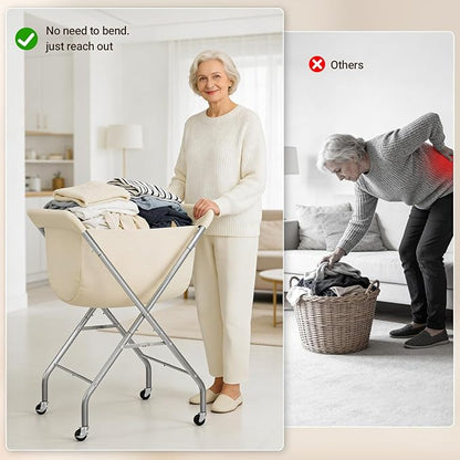 ELYKEN Collapsible Laundry Cart with Wheels, 33”H Rolling Laundry Hamper with Removable Liner Bag, Sturdy Metal Frame Folding Clothes Basket for Small Narrow Space, Bedroom, Dorm, Apartment