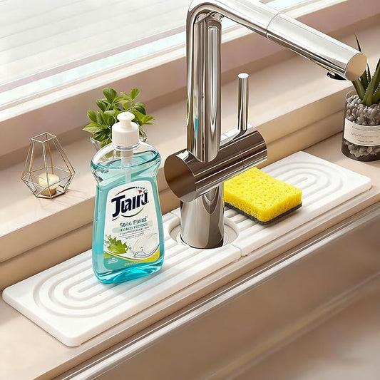 Kitchen Sink Faucet Mat, Water Absorbent Diatomite Stone Sink Tray, Diatomite Fast-Drying Faucet Mat, Prevents Moisture Buildup, Durable Protector for Bathroom Counter, White, 15.8" x 4"