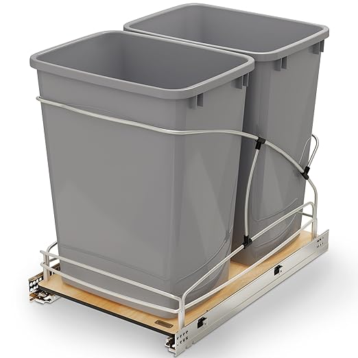 Rev-A-Shelf 35 Qt / 8.75 Gal Steel Bottom Mount Double Pullout Waste Container w/Soft-Close for Base Cabinets, Min Opening Width of 14.5", Silver, 54WC-1835SC-17-1