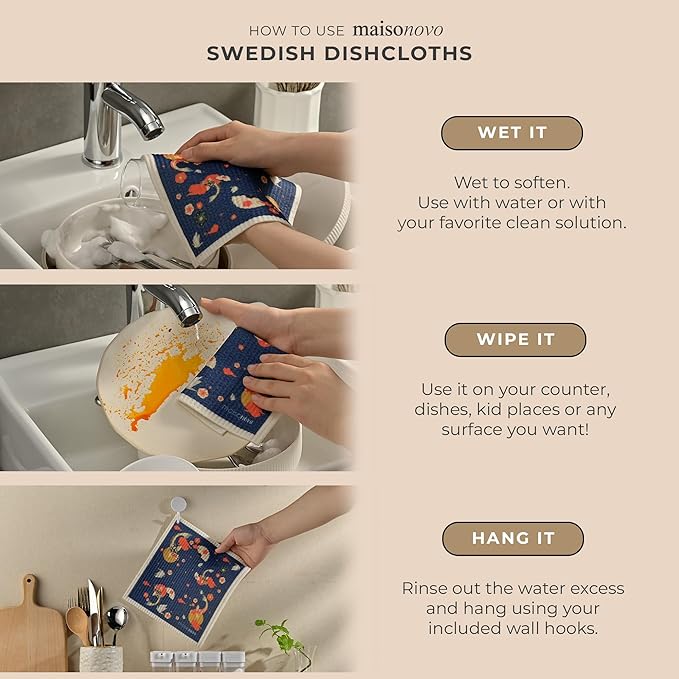 MAISONOVO Swedish Dishcloths for Kitchen | Reusable Paper Towels with Hook | Reusable Paper Towels Washable | Swedish Dishcloth Reusable Paper Towel | Kyoto Fish - Pack of 2