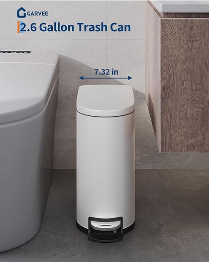 GarveeHome 2.6 Gallon Bathroom Trash Can, Space-Saving Slim Stainless Steel Step-On Garbage Bin with Soft Close Lid, Removable Inner Bucket for Bathroom & Bedroom, White