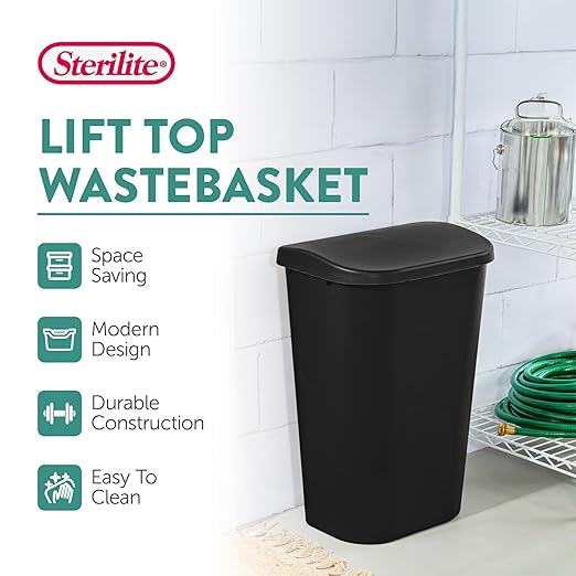 Sterilite 11.3 Gallon D Shape Flat Side Lift Top Lid Wastebasket Trash Can for Kitchen, Home Office, and Garage, or Workspace, Black (6 Pack)