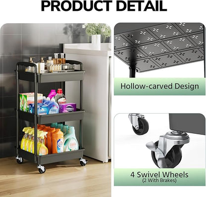 Goovilla Rolling Storage Cart, 3 Tier Rolling Utility Cart Organizer on Lockable Wheels, Charcoal Fruit Vegetable Storage Rack Also for Kitchen, Cans, Snack, Craft, Art, Office, Beauty