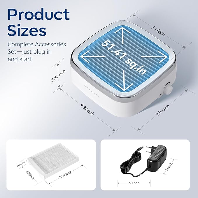 Makartt Nail Dust Collector Plug-in: 60W Dual Turbine Dust Extractor with 5200RPM Adjustable Suction, Reusable Filter Nail Vacuum for Acrylic Gel Dip Powder, Salon Home Use, Sylvie