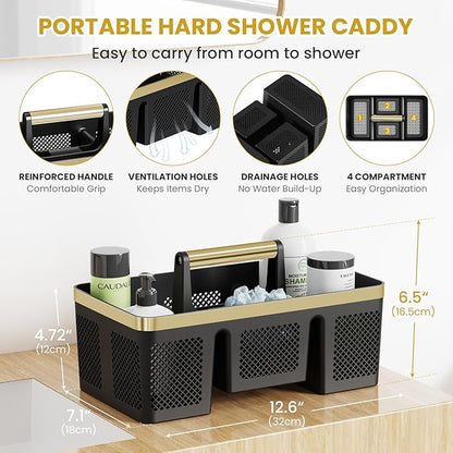 BYUNER Portable Cleaning & Shower Caddy with Handle: Rigid Plastic Basket with 4 Divided Compartments, All-Side Drainage for College Dorm, Bathroom & Utility Use, Black/Gold