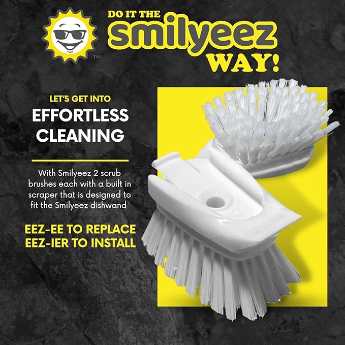 Smilyeez Dish Brush Refill (2 Pack) for Smilyeez Dishwand - Dish Brush Replacement Head - Durable Nylon Bristles - White Plastic - Kitchen & Bathroom Cleaning