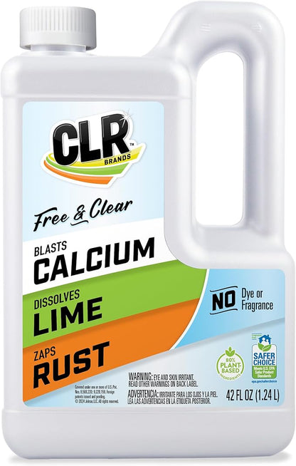 CLR Brands Calcium, Lime & Rust Remover Free & Clear, No Dyes or Fragrances, Gentle Lime and Bathroom Descaler, Removes Hard Water Stains and Rust Deposits, 42 Oz Bottle